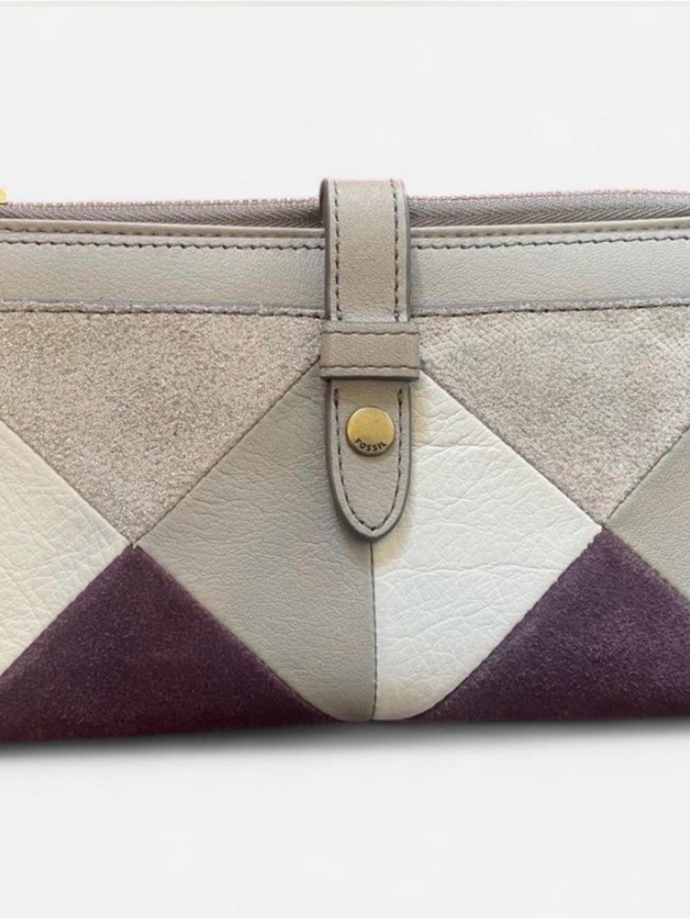 Fossil Fiona Patchwork Leather Tab wristlet Clutch wallet in Taupe, Cream & Plum